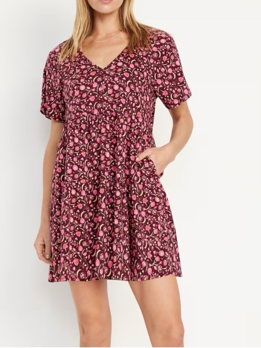 Old Navy Burgundy Paisley Floral V-Neck Mini Swing Dress